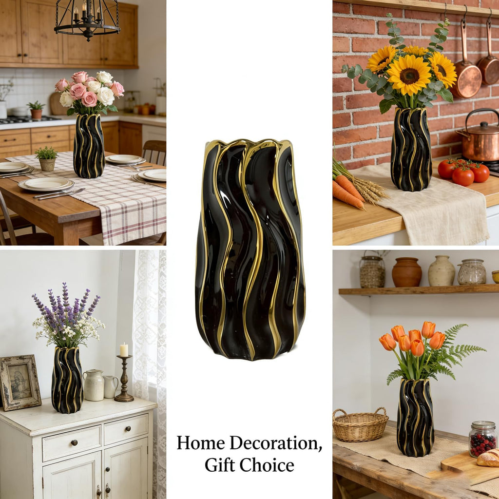Black Ceramic Vase for Home Decor, Vertical Stripe Decorative Flower Vase for Bedroom, Office, Living Room, Bathroom, Tabletop Decor