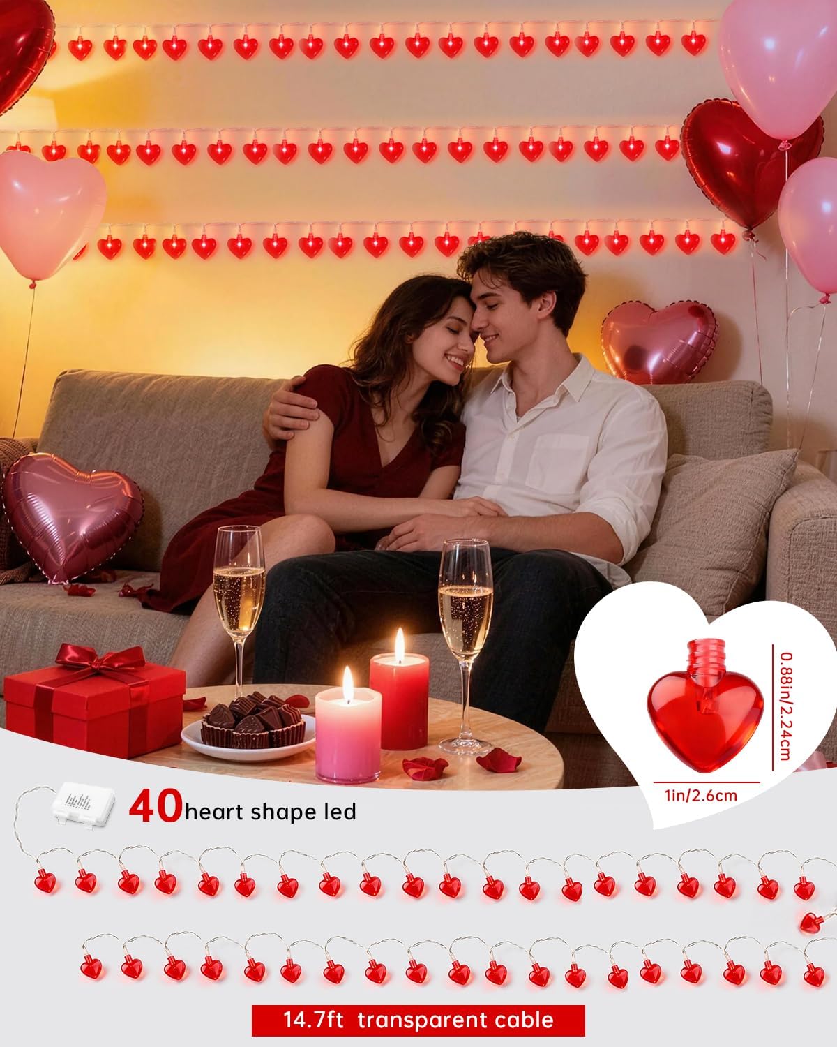 Luditek 2 Pack Total 29ft 80LED Valentines Day Decorations Battery Operated String Lights, Heart Shape Valentines Day Decor for Indoor Outdoor Home Room Party Wedding
