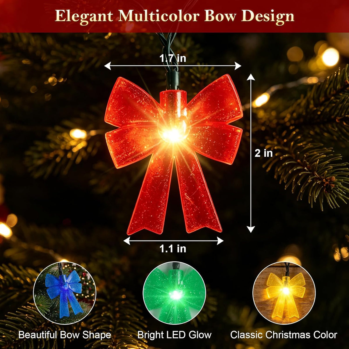 Battery Operated 15FT Christmas Bow 30LED Indoor String Lights Multicolor
