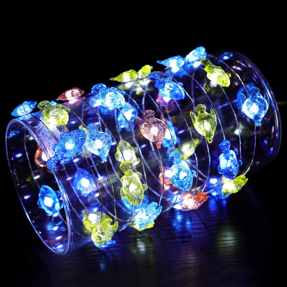 WSgift Tropical Fishes Decorative String Lights, 18.7 Ft 40 LED USB Plug-in Silver Copper Wire Beach Theme Fairy Lights for Indoor Outdoor Decoration Projects (Cool White, Remote Control with Timer)