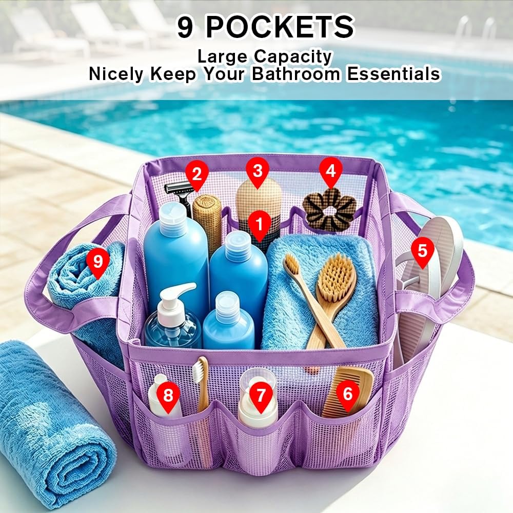 Mesh Shower Caddy Portable for College Dorm Room Essentials, Large Foldable Camp Travel Shower Bag with 9 Pockets, Quick Dry Bathroom Toiletry Tote Bag for Beach Swimming Gym Women Men (Purple)