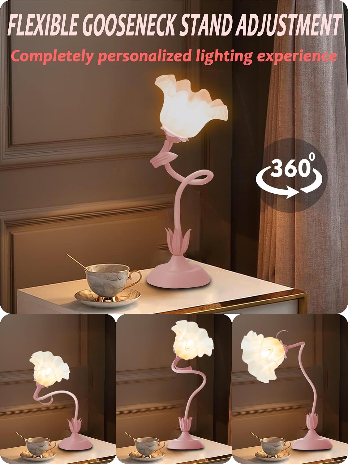 Flower Table Lamp, LED Reading Light Bedside Vintage Night Light (Pink)
