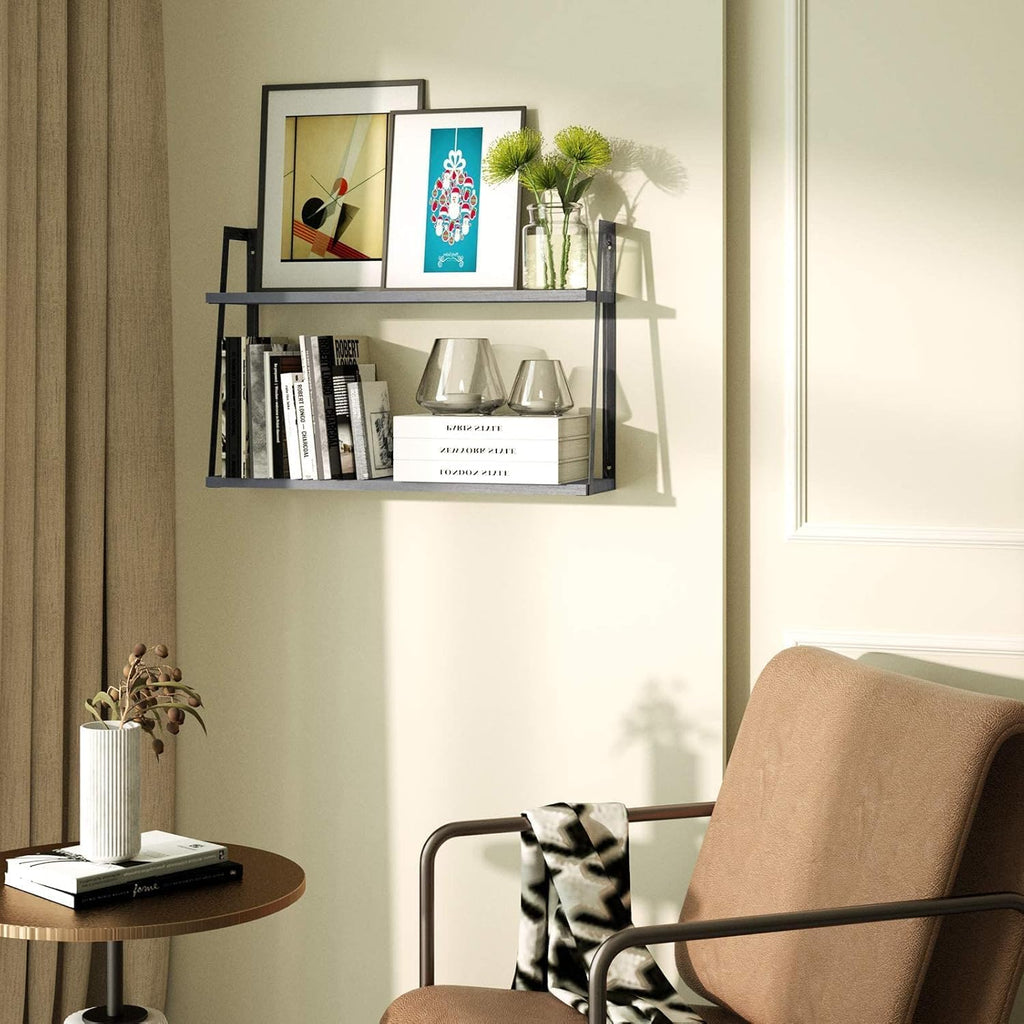 SRIWATANA Gray 2-Tier Floating Shelves, Wood Wall Storage Shelf Unit