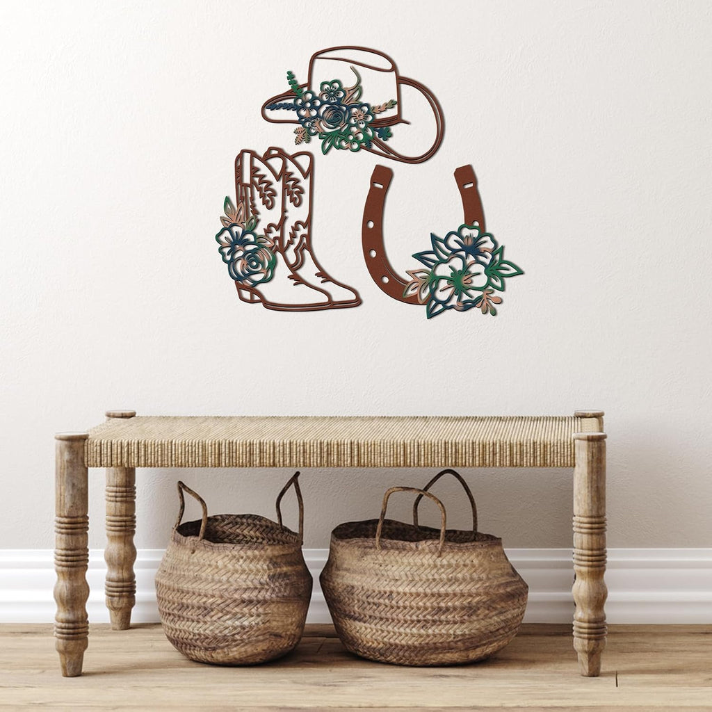 3 Pcs Cowboy Hats Boots Horseshoes Flowers Metal Wall Arts