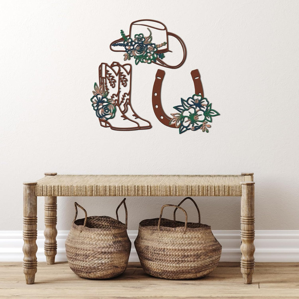 3 Pcs Cowboy Hats Boots Horseshoes Flowers Metal Wall Arts
