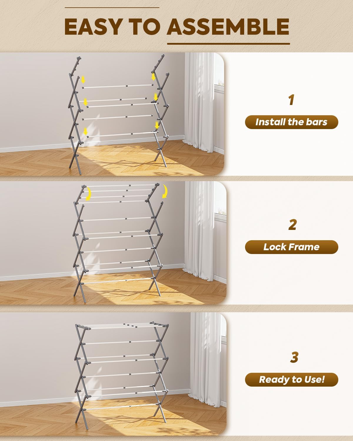 KINGBOARD Clothes Drying Rack, 3-Tier Foldable Extendable, White & Grey