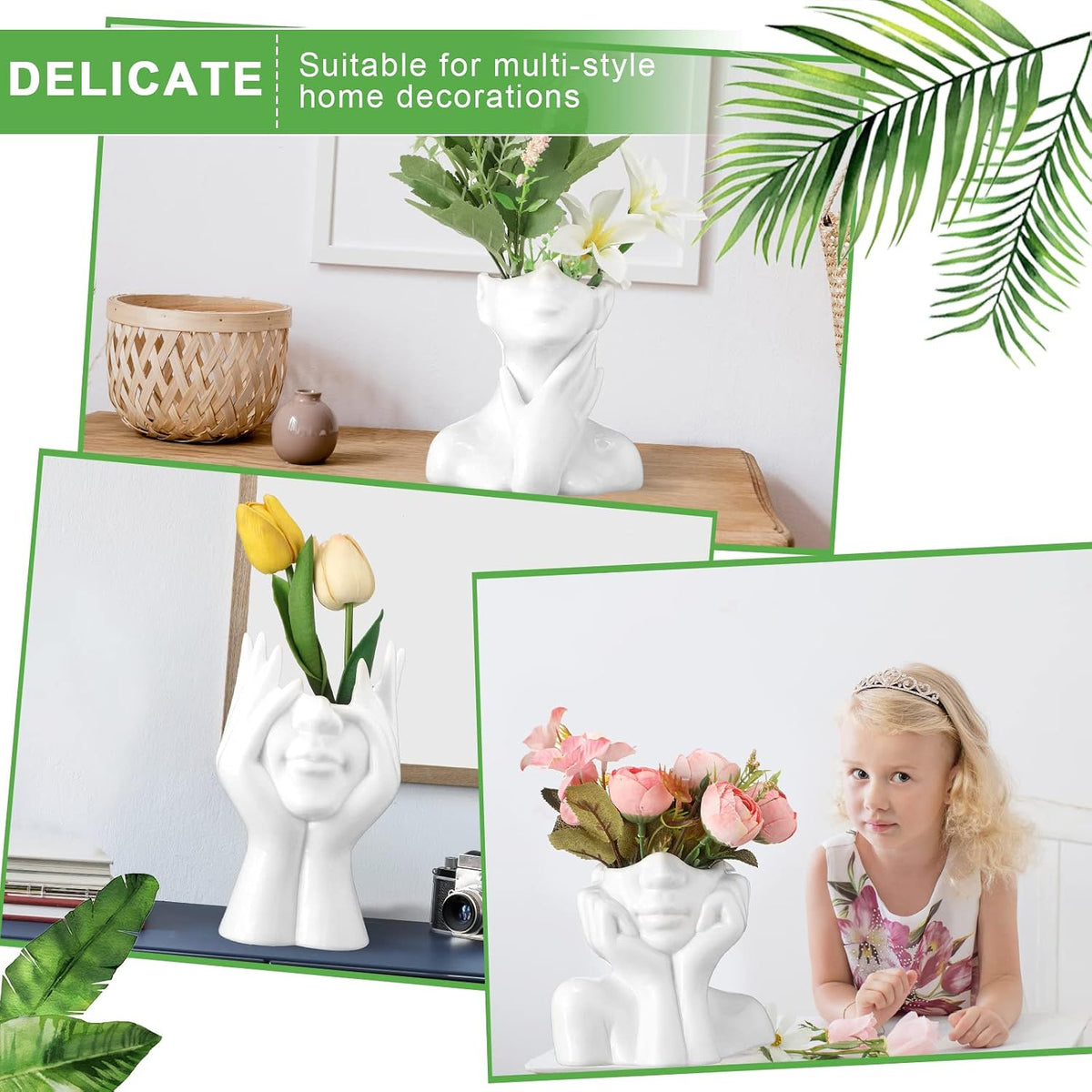 Sieral 3 Pcs Ceramic Face Vase Female Form Body Flower Vase, Large, White