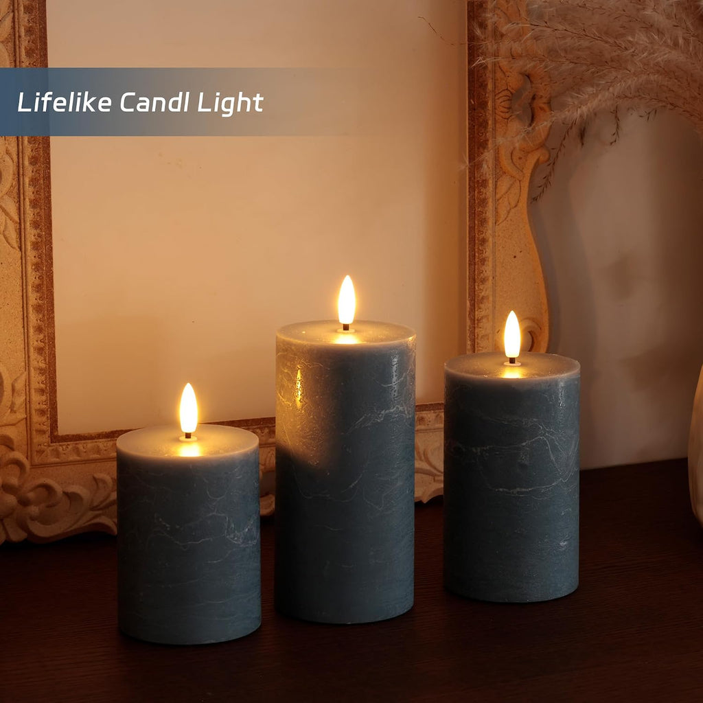 Dusty Blue Flameless Candles with Remote Timer, Battery Operated, Set of 3