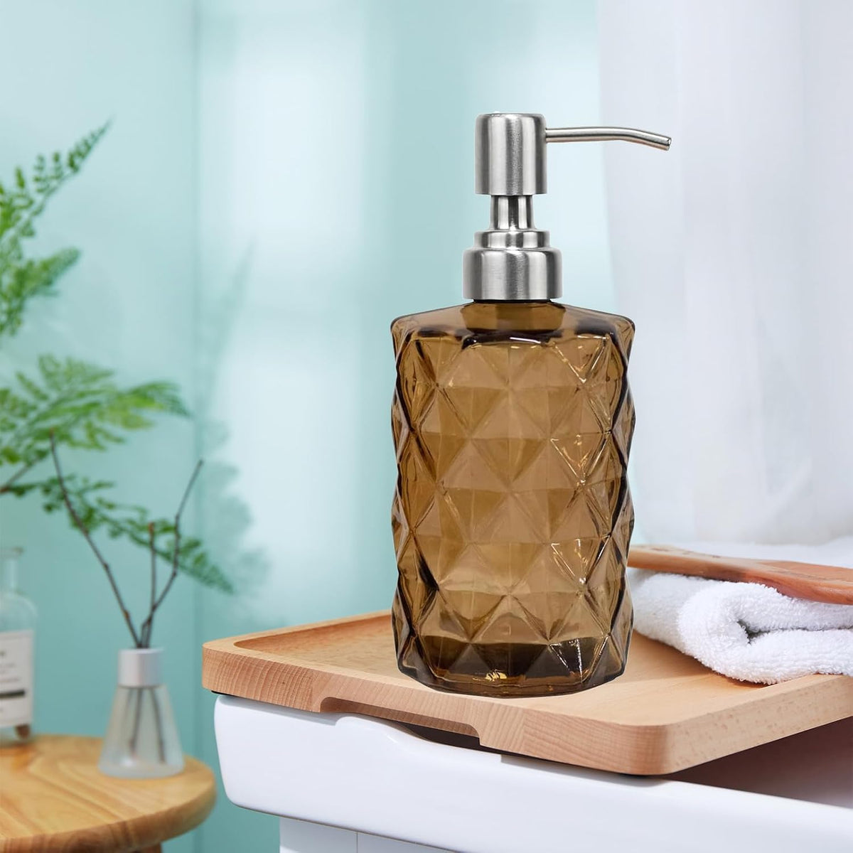 12Oz Brown Glass Soap Dispenser, Liquid Hand Bottle, Stainless Steel Pump