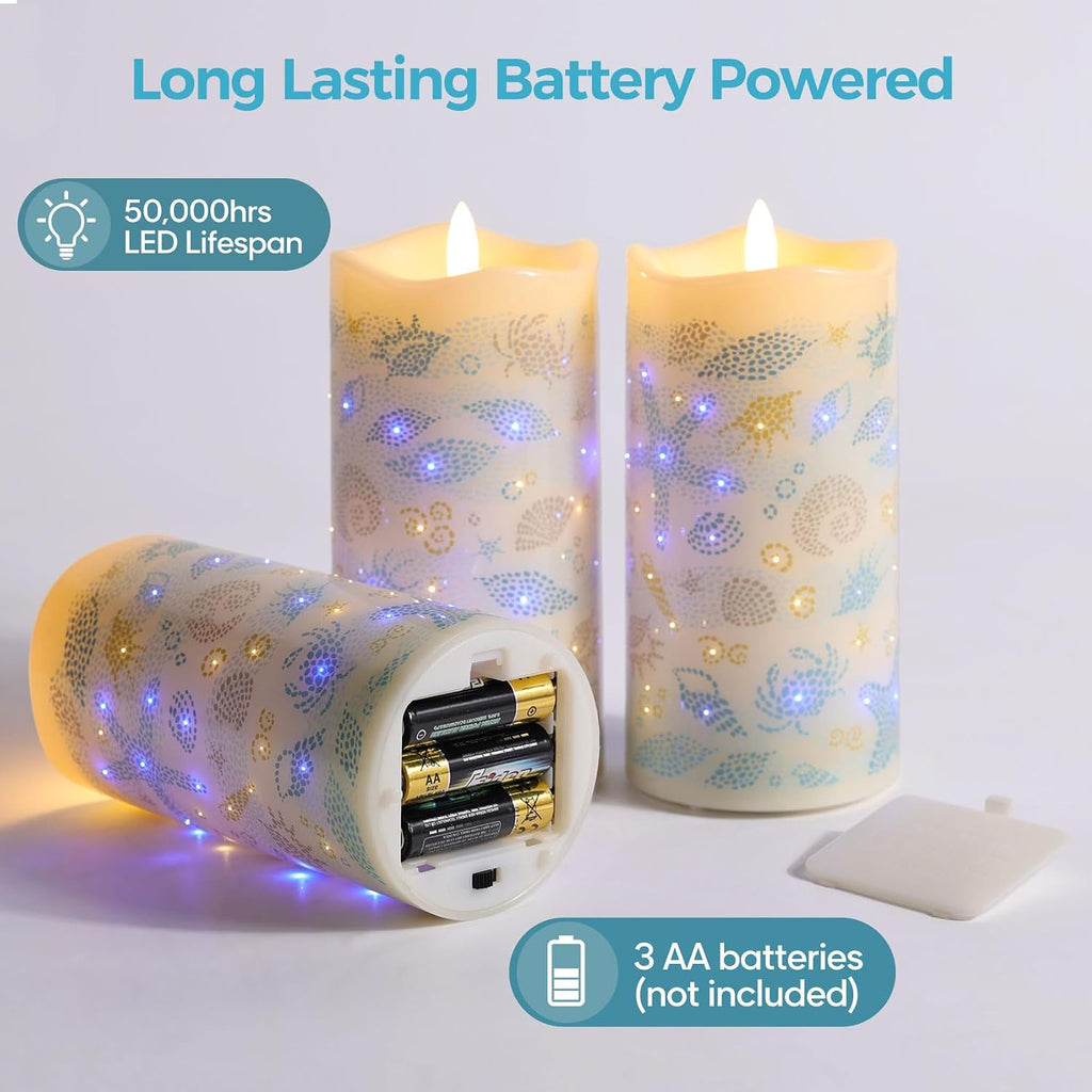 Blue Ocean Coastal Fiber Optic Flameless Pillar Candles with Remote