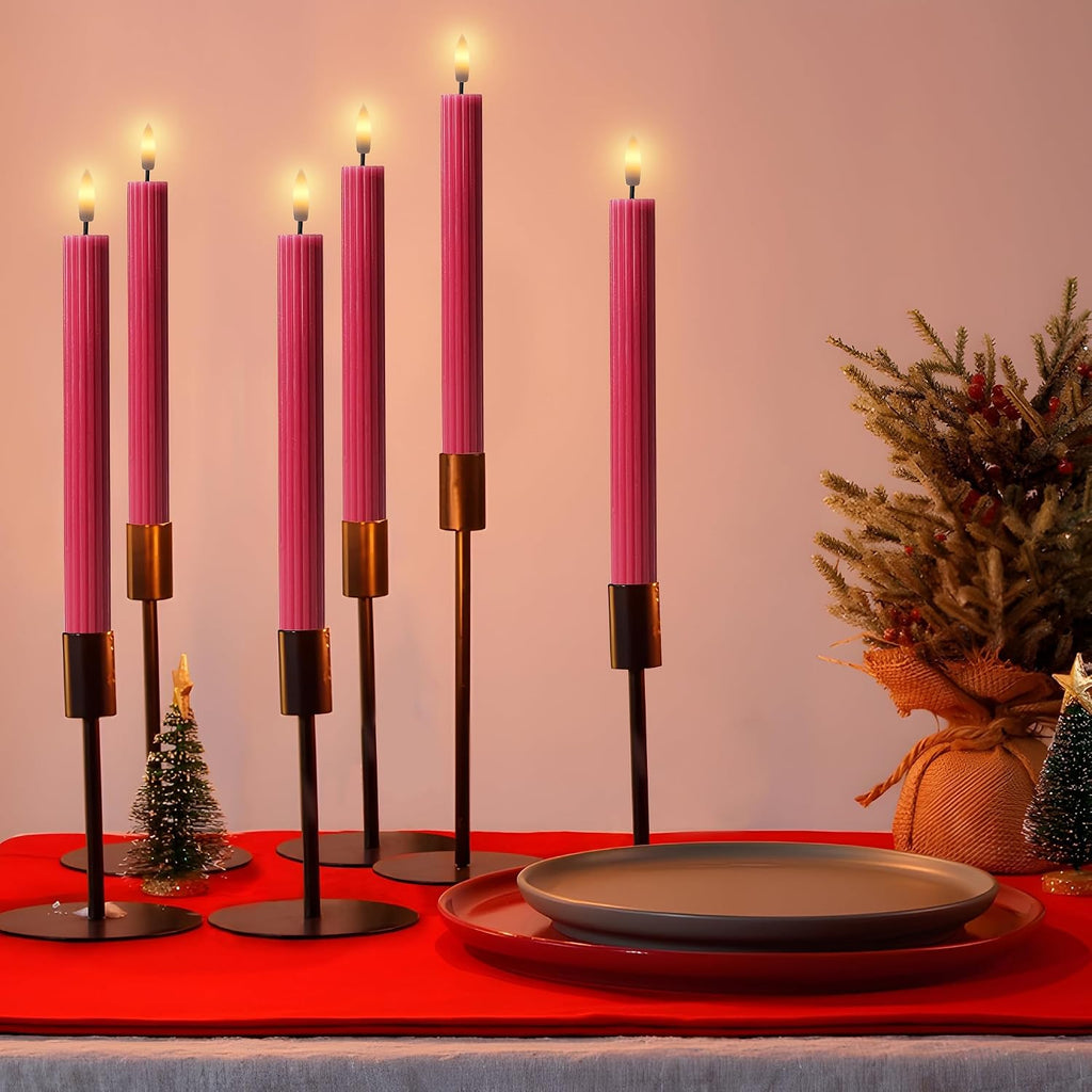 6 Pack, 10" LED Flameless Real Wax Pink Ribbed Taper Candles w/Remote Controller, On/Off Button, Dimmable, Flicker/Static Mode, Battery Operated, Holiday Christmas Menorah Wedding Decor