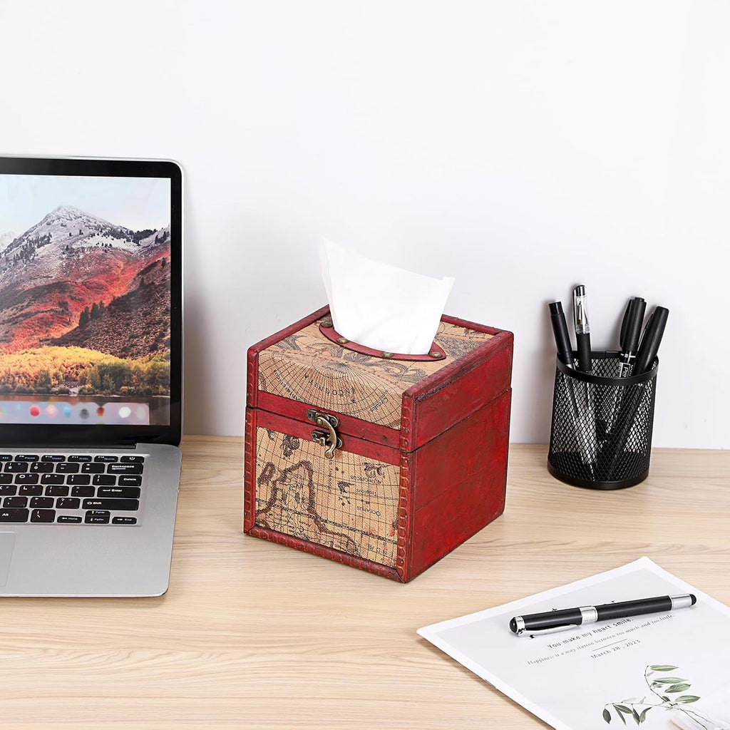 Sumnacon Wood Tissue Box Cover Square, Vintage Retro Tissue Holder, Red