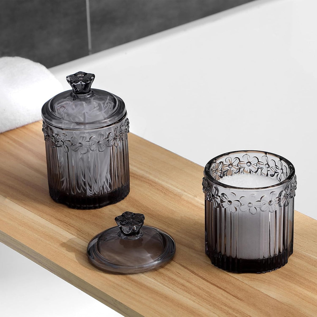 rejomiik 2 Pack Qtip Holder Glass Apothecary Jars with Lids, Gray