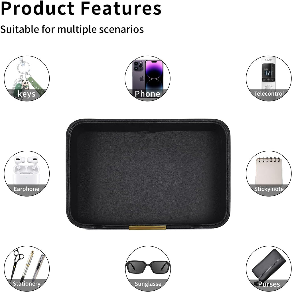 Luxury Leather Valet Tray Desktop Storage Organizer,Bedside Vanity Catchall Tray Nightstand Caddy Holder for Cosmetic,Jewelry,Watch,Keys,Phone,Wallet,Remote Controller,Pen,Black