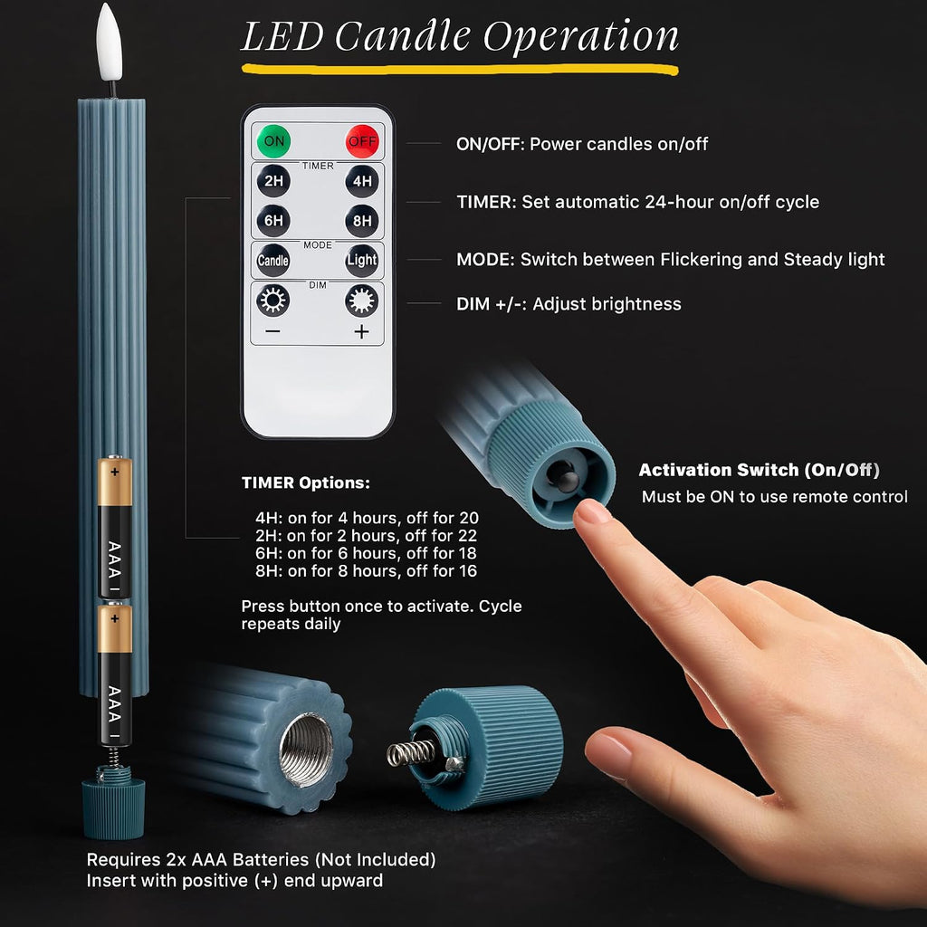 6 Pack, 10" LED Flameless Real Wax Blue Fluted Ribbed Grooved Taper Candles, Remote & 24h Timer Memory, On/Off Button, Dimmable, Flicker Mode, Battery Operated, Wedding