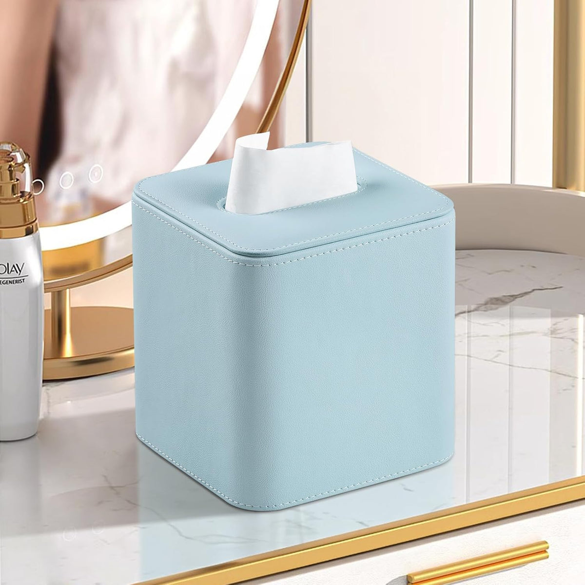 PU Leather Tissue Box Cover Square Tissue Box Holder, Blue