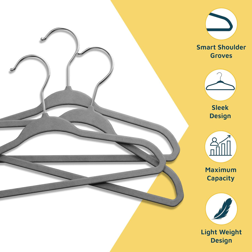 Gray Velvet Kids Hangers 50 Pack, 10.83" Non-Slip Baby & Toddler Hangers for Clothes, Space-Saving Slim ABS Plastic with 360° Swivel Hook & Notched Shoulders, Up to 10 lb Capacity