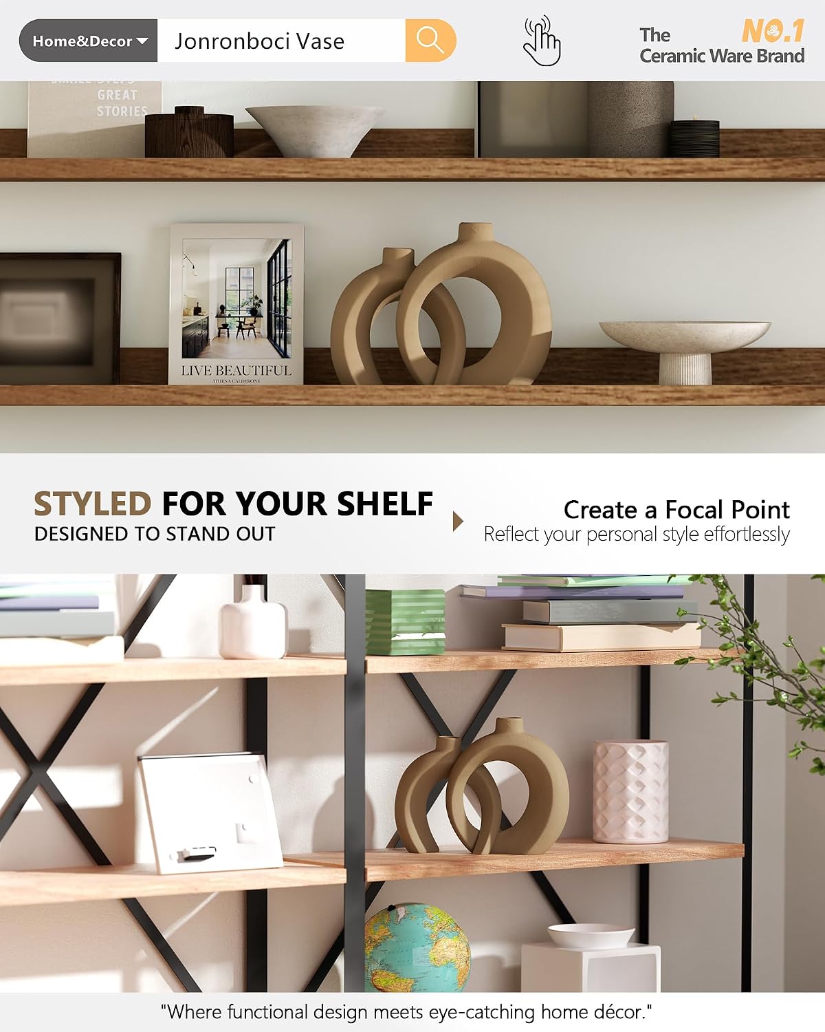 Set of 2 Brown Ceramic Vases for Home Decor Accents - Unique Hollow Donut Artistic Design Rustic Farmhouse Style Decorative Vases for Shelf, Mantel, Entryway Table Decor (Matte Brown)