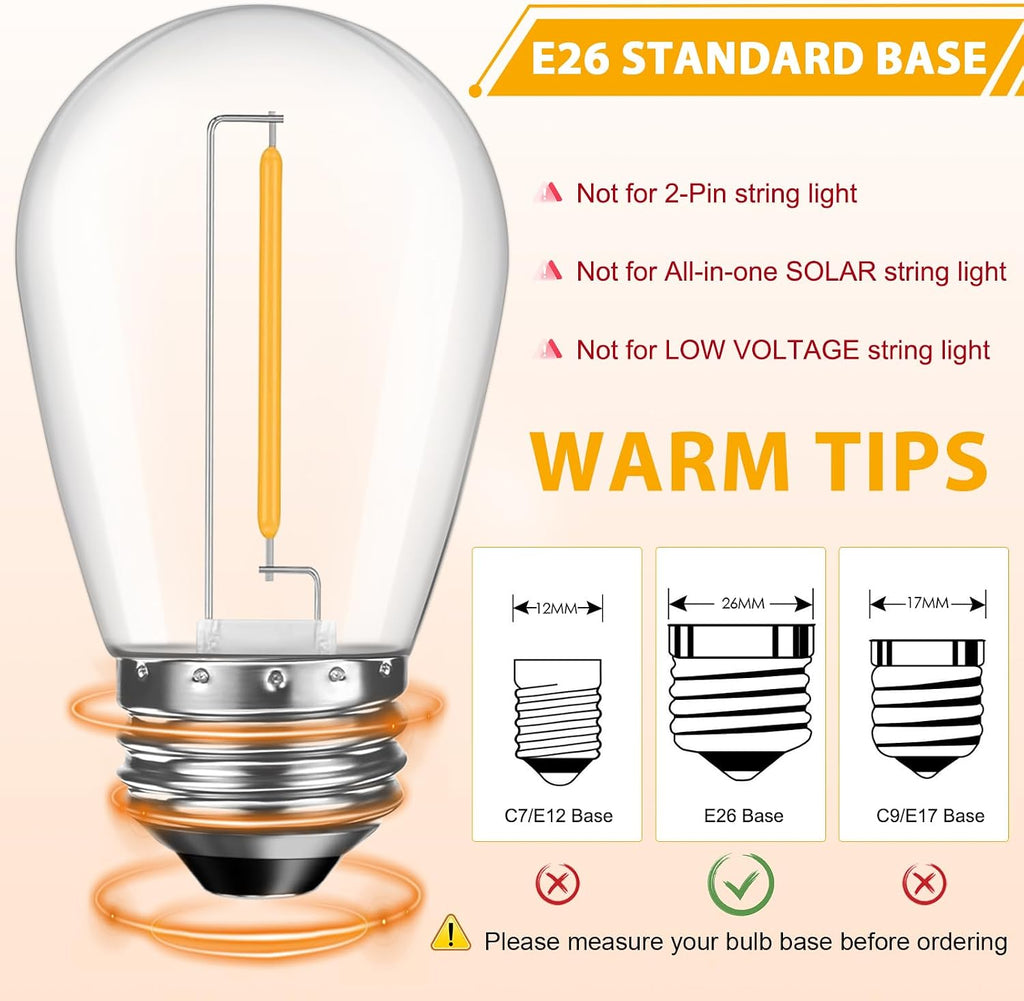 GvvooHome 48 Pack S14 LED Outdoor String Light Bulbs, Warm White, E26 Base