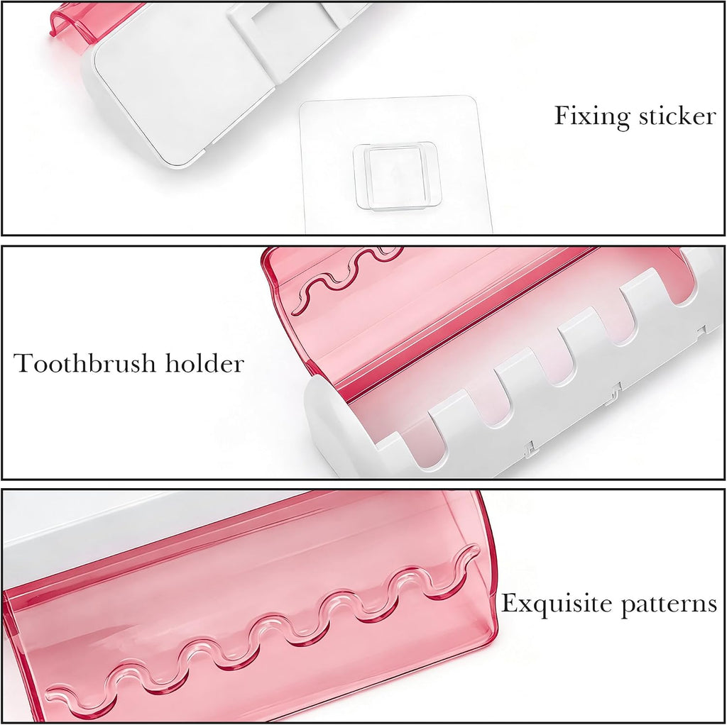 2 PCS Self Adhesive Toothbrush Holder with Cover for Bathroom, 5-Slot Wall Mounted Toothbrush Organizer Rack for Shower, Dorm, Cabinet (Pink)