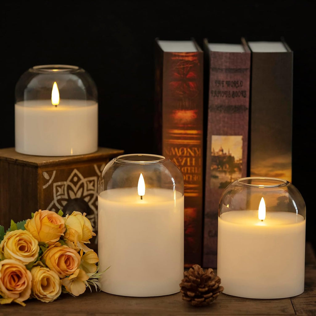 volnyus Clear Glass Flameless Candles with Remote Battery Operated Flickering LED Pillar Candles Real Wax Wick Φ 3" H 4" 5" 6", White