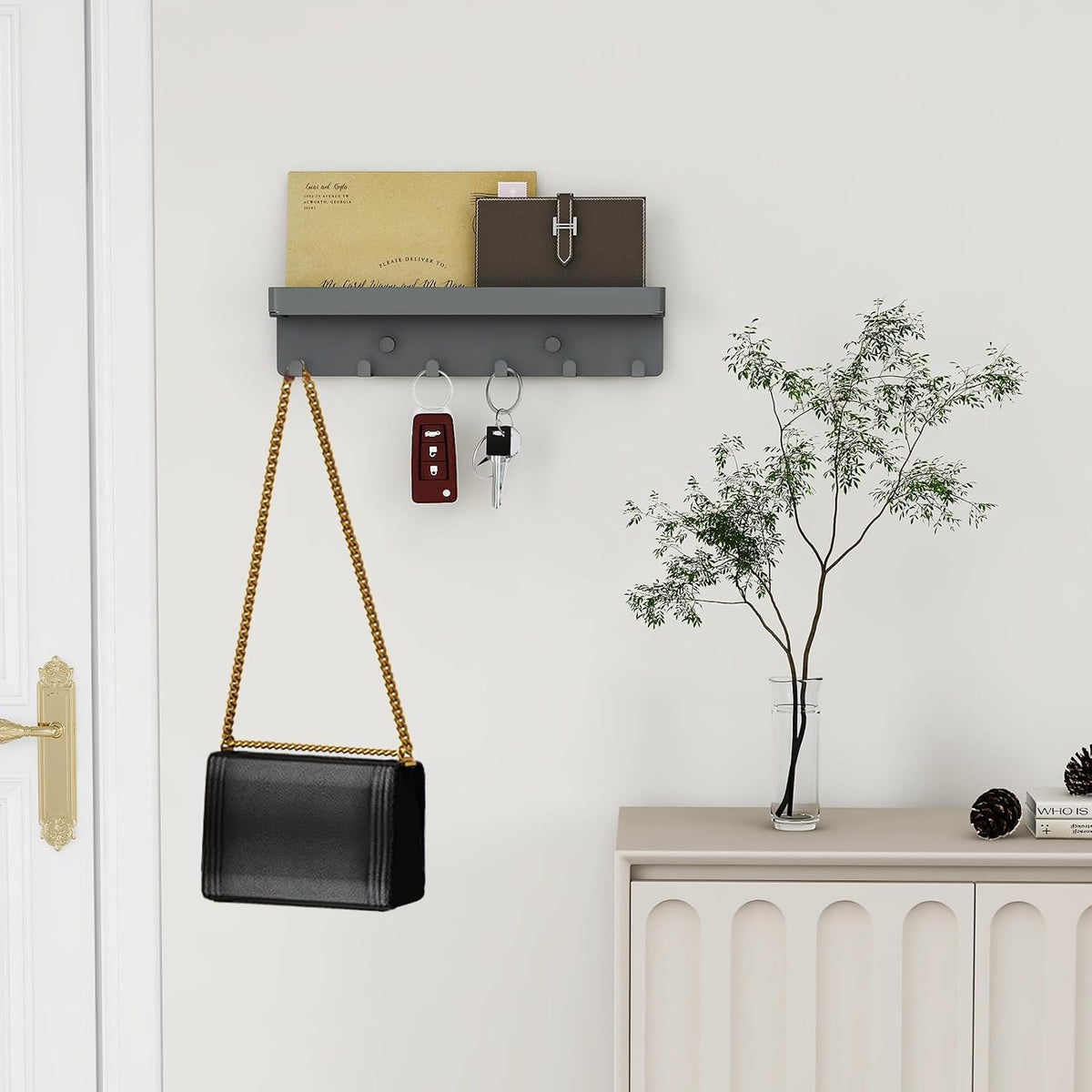 2 Pcs Wall Key Holder Rustic Key & Mail Organizer Adhesive Key Hooks, Gray