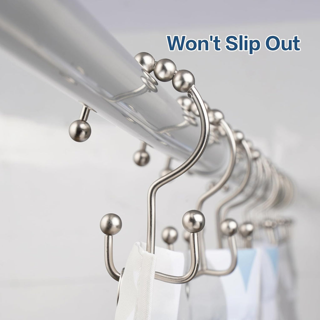 DAWNER Shower Curtain Hooks, Rust Proof Metal Easy Glide Double Rings, Stainless Steel Hangers for Bathroom Curtains, Set of 12, Brushed Nickel (Pack of 3)