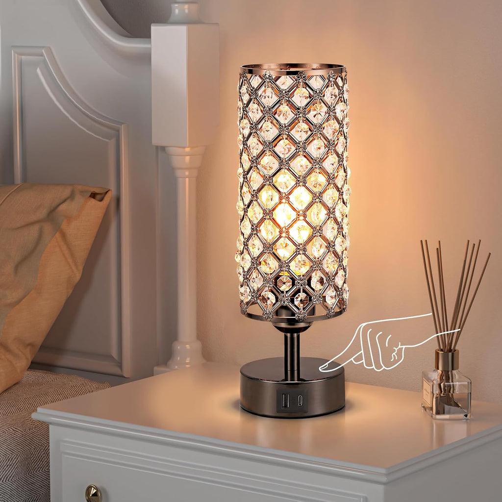 Black Crystal Touch Lamp with USB-C/A, 3-Dim Dimmable for Bedroom, Modern
