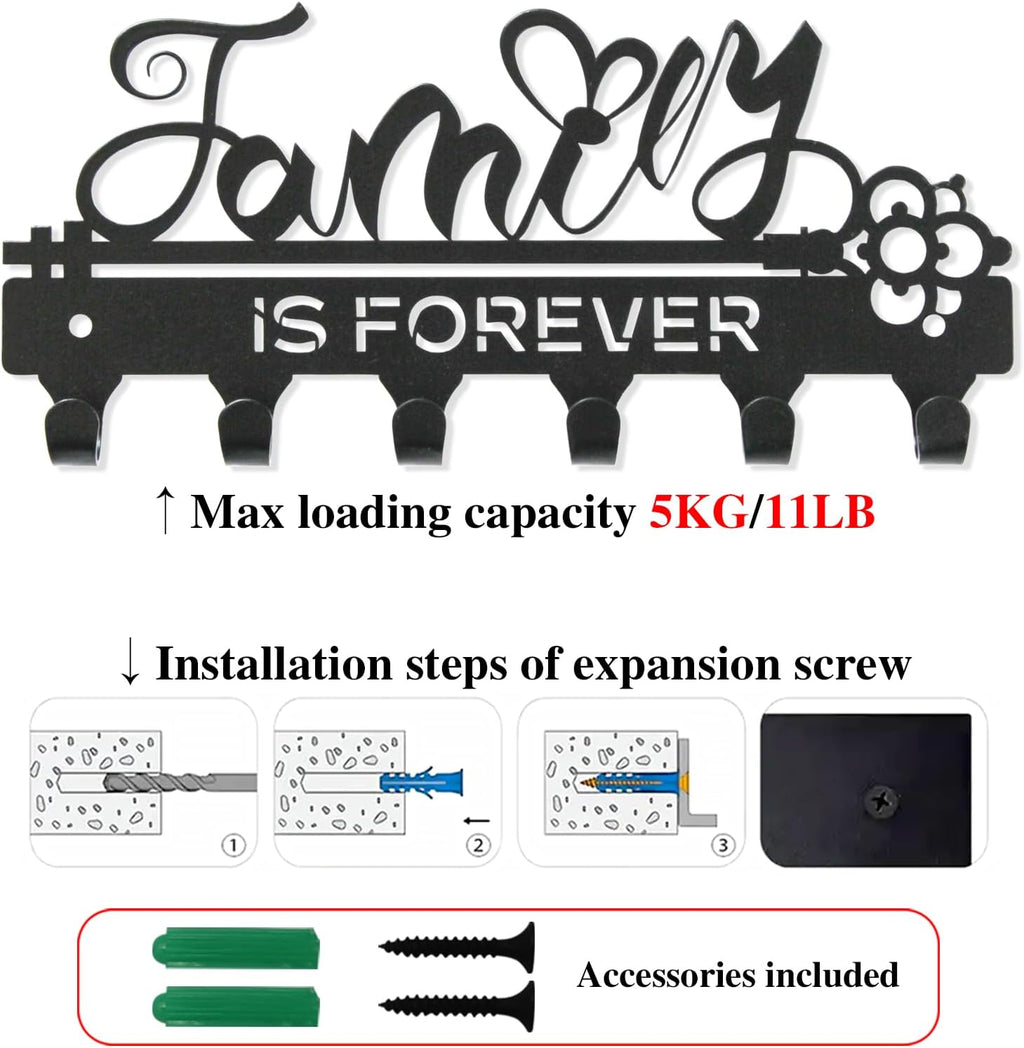 "Family Is Forever“Mini Key Holder Wall Mounted, Black Metal, 18.5x8.5cm