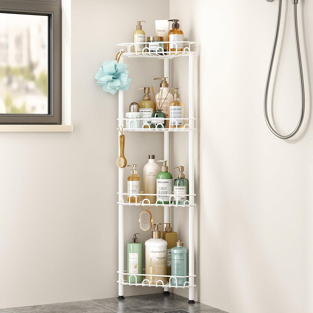 SWTYMIKI Standing Shower Caddy Corner - 4‑Tier Stainless Steel Shower Organizer Shelf with 16 Hooks and Adhesive Pads, Rustproof Corner Shelves Stand Rack for Bathroom Shower Room, white