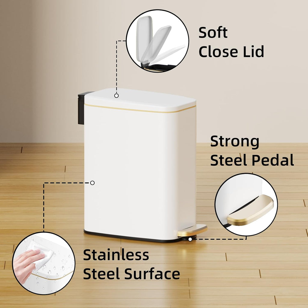 KSSKSS Small Bathroom Trash Can with Lid Soft Close, Step Pedal, 6L / 1.6 Gal Stainless Steel Garbage Bin with Removable Inner Bucket, Slim Wastebasket for Narrow Spaces (White)
