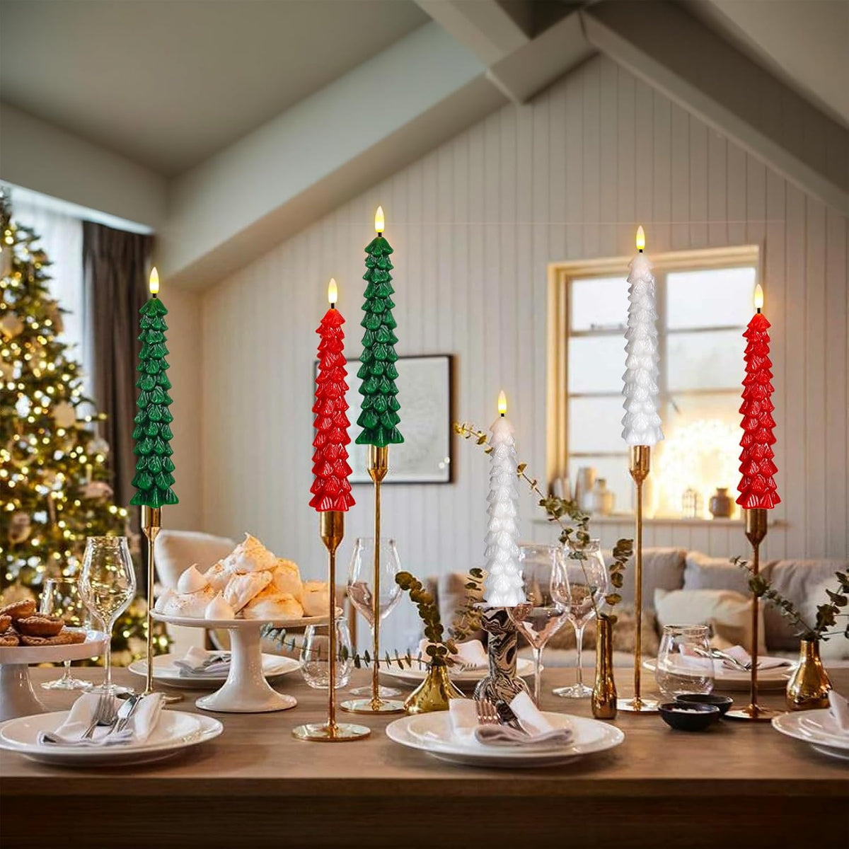 Red Christmas Tree Flameless Taper Candles Battery Operated Remote Timer