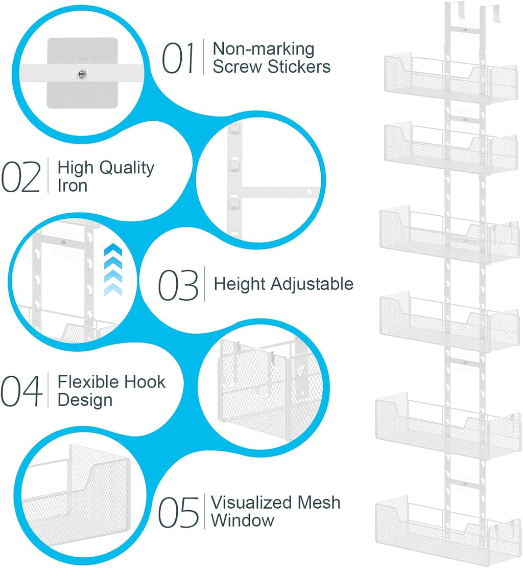 Hongtamoya Over The Door Organizer, Metal Hanging Door Organizer with 6 Adjustable Baskets and 5 Hooks, Behind The Door Storage for Closet Cabinet Kitchen Bathroom Bedroom Pantry Door Organizer, White
