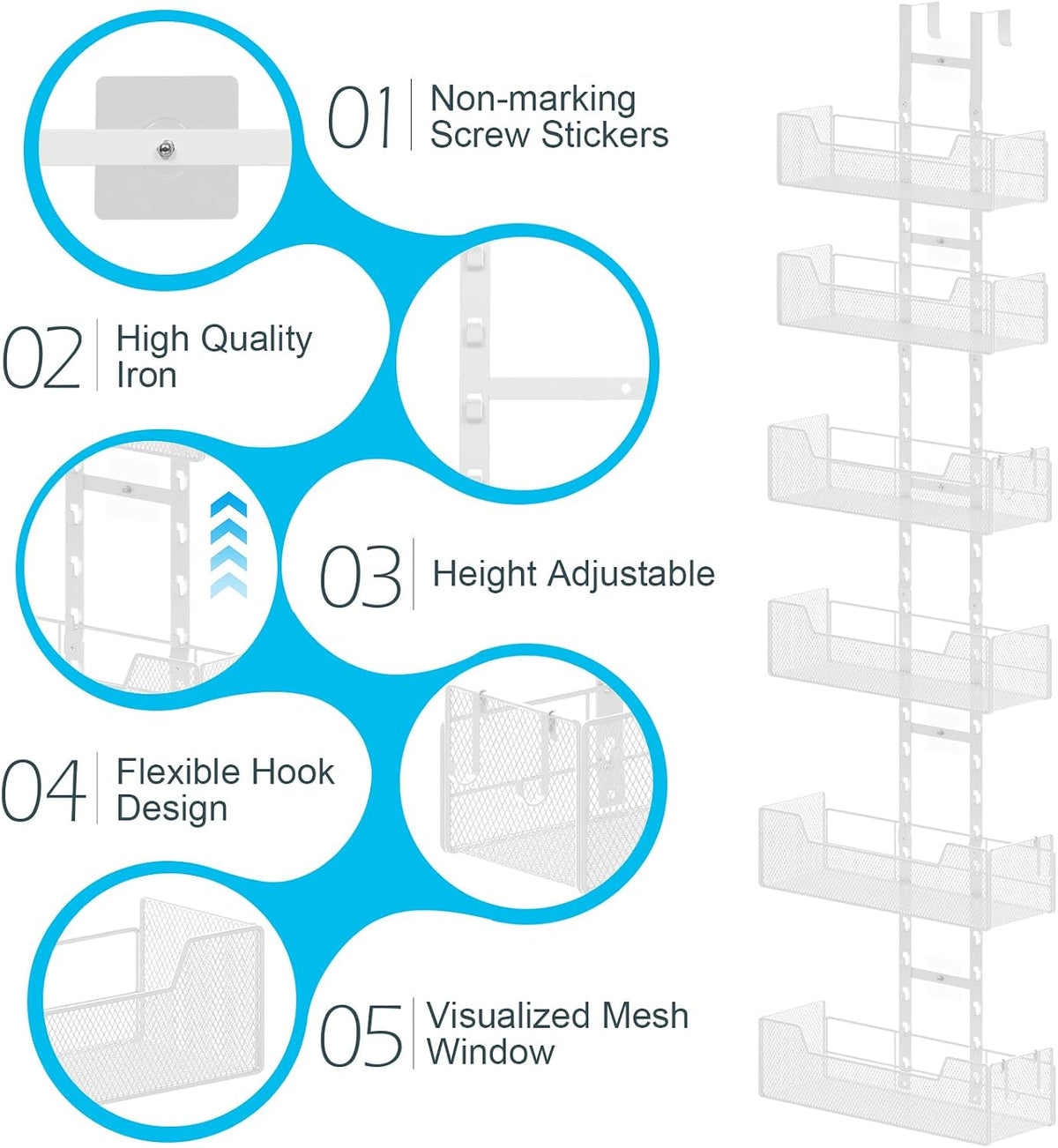 Hongtamoya Over The Door Organizer, Metal Hanging Door Organizer with 6 Adjustable Baskets and 5 Hooks, Behind The Door Storage for Closet Cabinet Kitchen Bathroom Bedroom Pantry Door Organizer, White