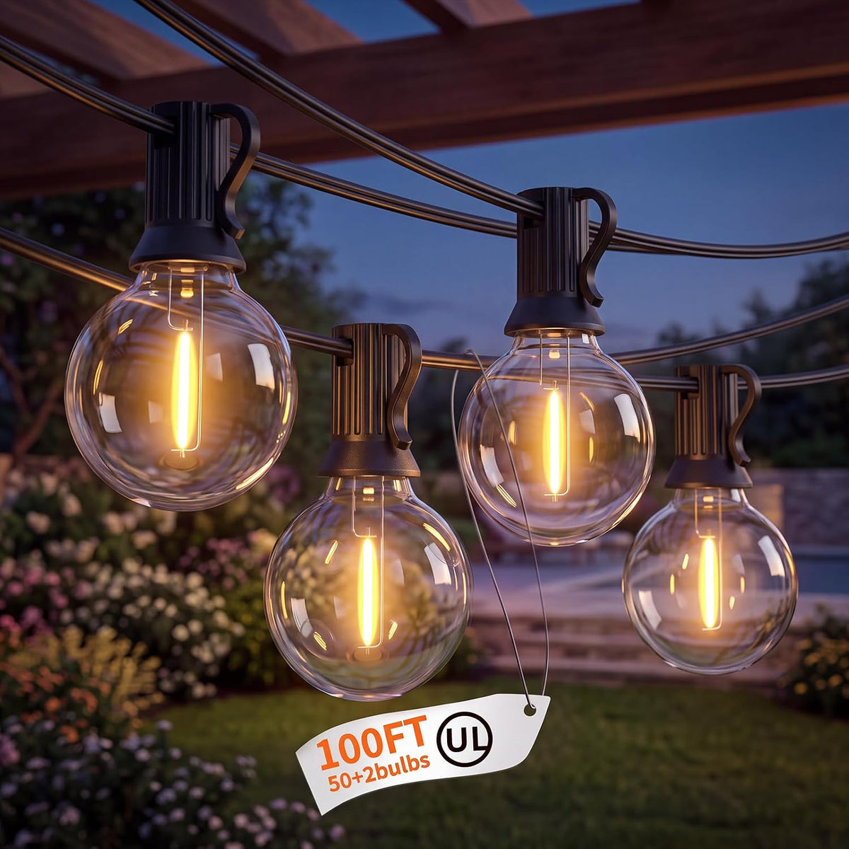 Abeja 100FT G40 LED Outdoor String Lights, 50 Shatterproof Bulbs, Black