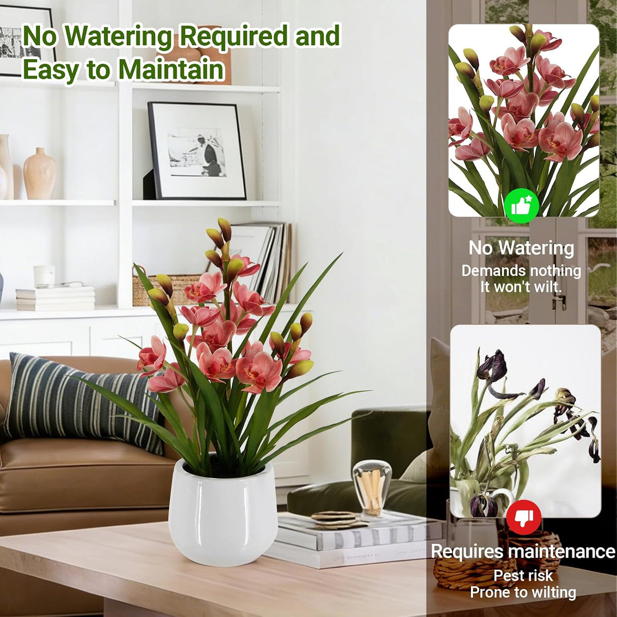 Faux Orchid Plant 19" Tall, Realistic Touch Leaves, Potted Cymbidium Artificial Plants Indoor for Home Decor Small Office Home Living Room-Pink