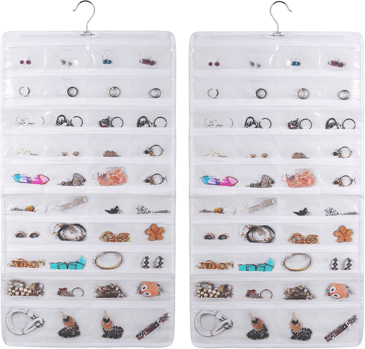 Hanging Jewelry Organizer, Dual Sided Closet Earring Storage with Hanger, 80 Clear Pockets Storage for Jewelry Necklaces, Bracelets (White)