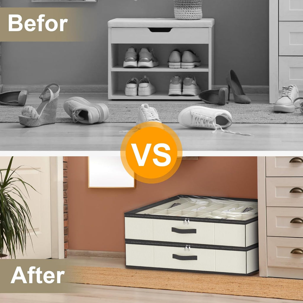 homyfort 32 Pairs Shoe Organizer Under Bed, Sturdy Underbed Shoe Storage Boxes Bins, Organizador De Zapatos, Extra Large Zapateras Organizer, Beige, Set of 2