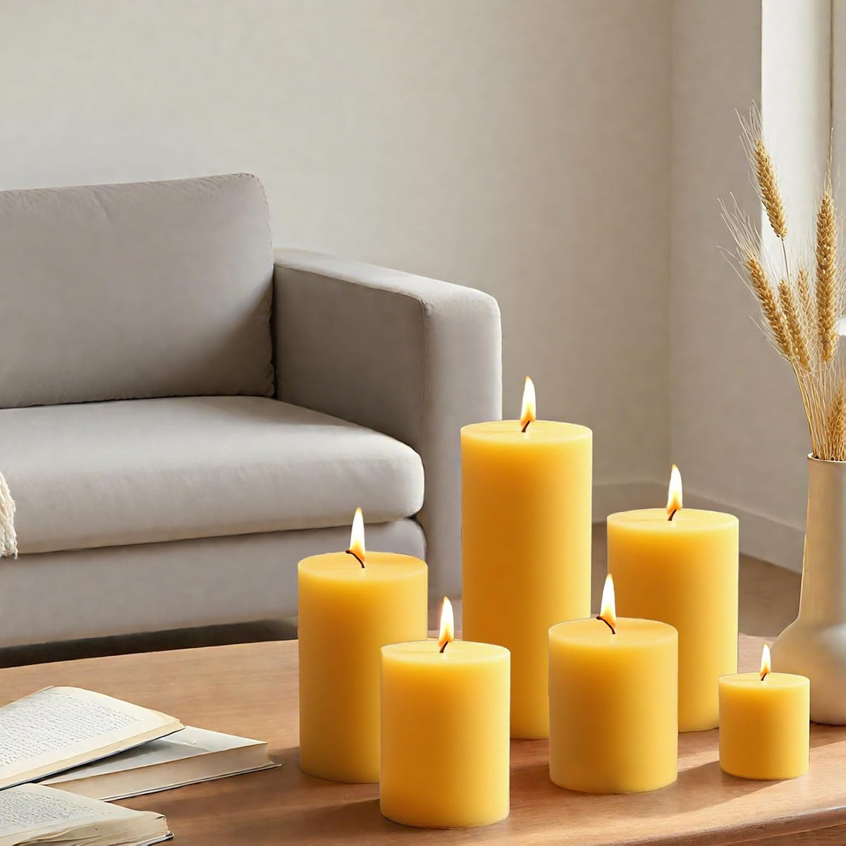 Beeswax Candles Set of 6, Non Toxic Natural Pillar Candle Bulk