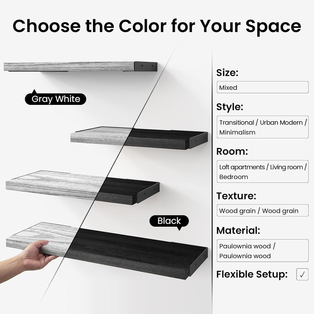 BAYKA Wall Mounted Floating Shelves (Gray and White, Set of 3, 16" Mixed)