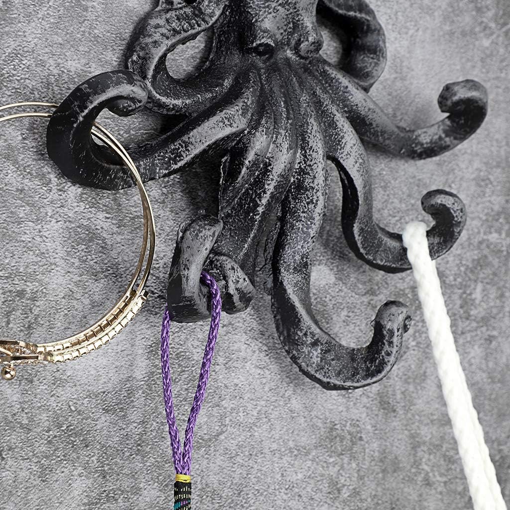 Sumnacon 6 Inch Cast Iron Octopus Decorative Coat Hook - Wall Mounted Nautical Hand Towel Rack Holder with Screws, Rustic Metal Clothing Hanger for Bedroom/Bathroom/Kitchen/Balcony, Silver