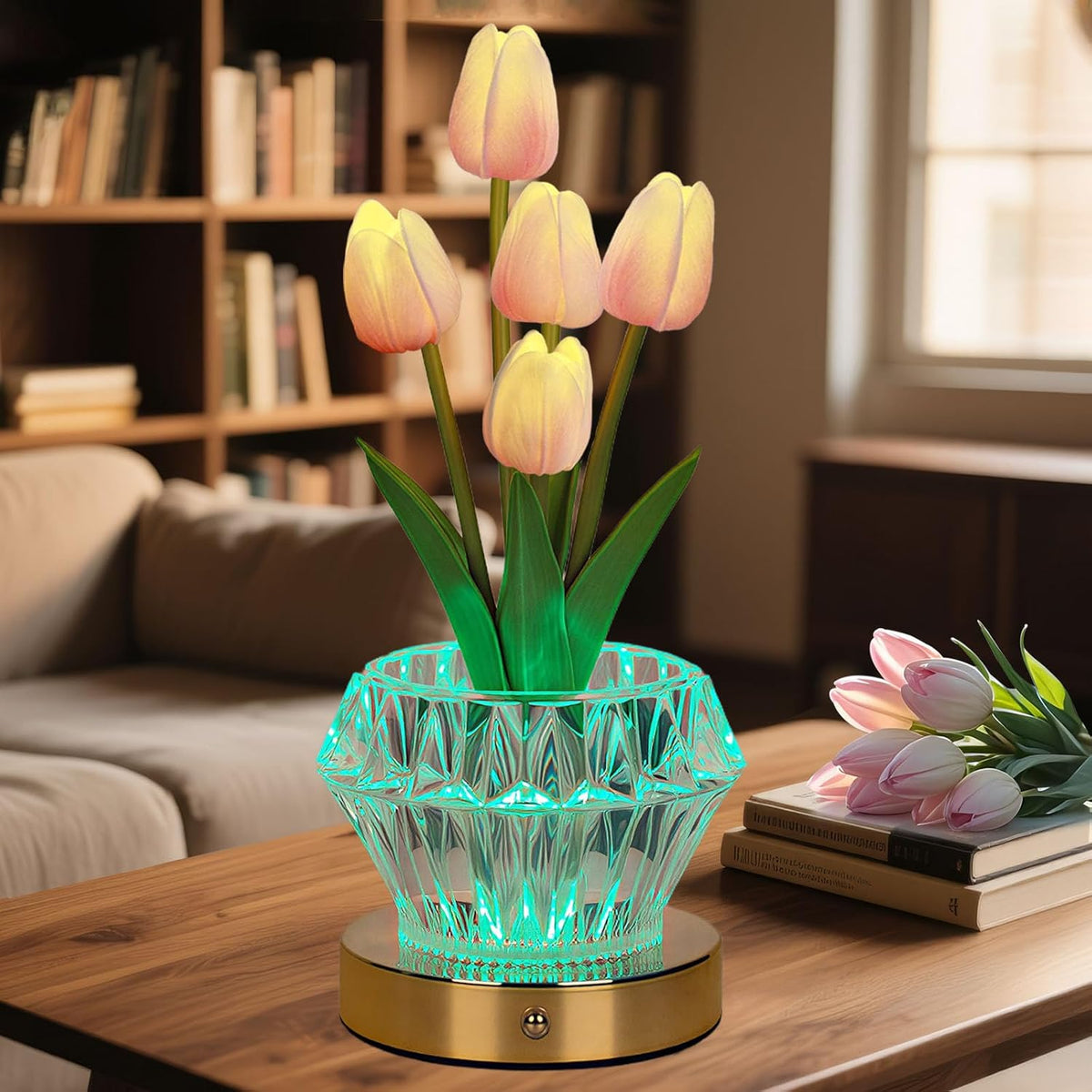 Tulip Table Lamp, 4 Modes 16 Color Changing Acrylic Crystal Night Light with Remote, Rechargeable Touch Artificial Flower Light, Protable Cordless Desk Lamp for Home Decor