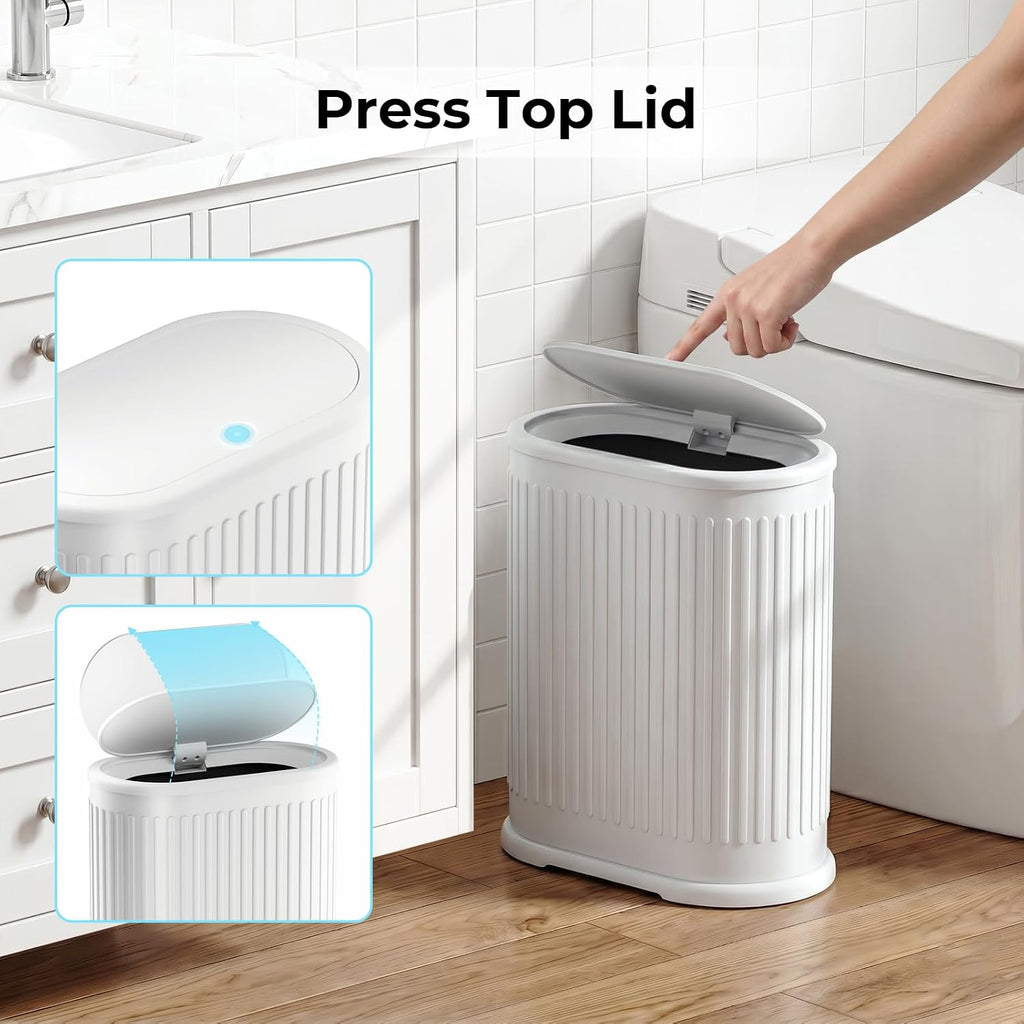 1.8 Gallon Small Bathroom Trash Can with Lid, Press-Top, Slim, White