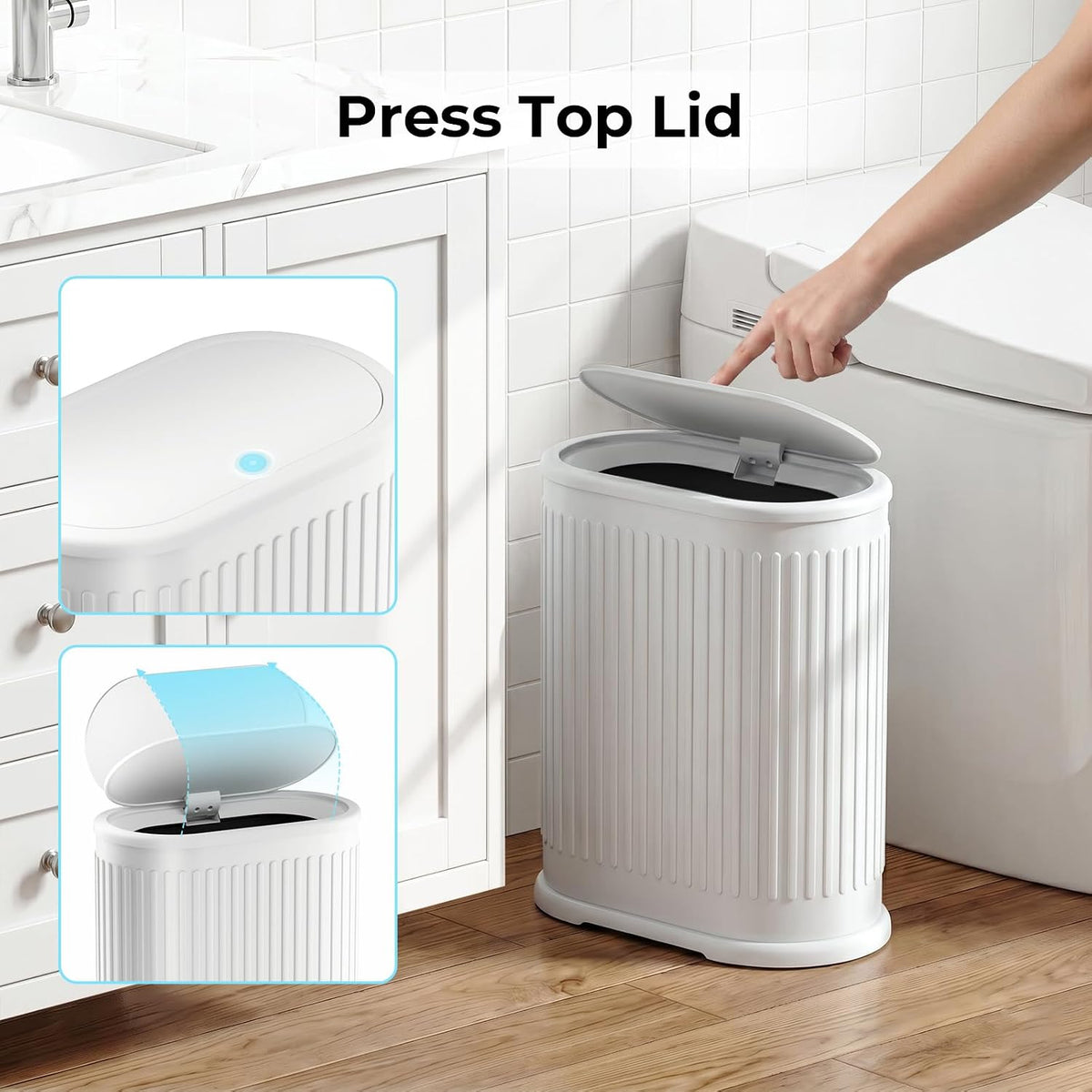 1.8 Gallon Small Bathroom Trash Can with Lid, Press-Top, Slim, White