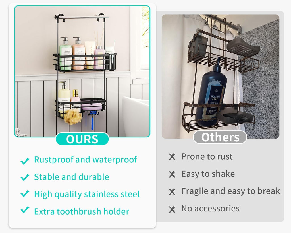 HapiRm Hanging Shower Caddy – For Renters & Small Bathrooms, Fits Shower Curtain Rods, No Drilling, 2 Rustproof 304 Shelves, 4 Hooks, and a Detachable Toothbrush Holder You Can Rinse - Black