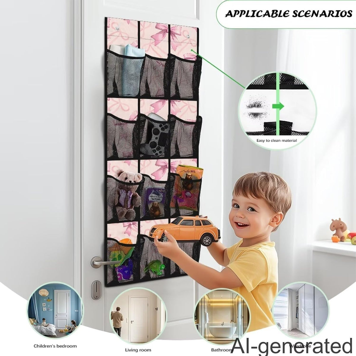 Pink Bow Pattern Space Saving Hanging Shoe Organizer,Entryway Bedroom Bathroom Storage Bags with 12 Mesh Large Pockets