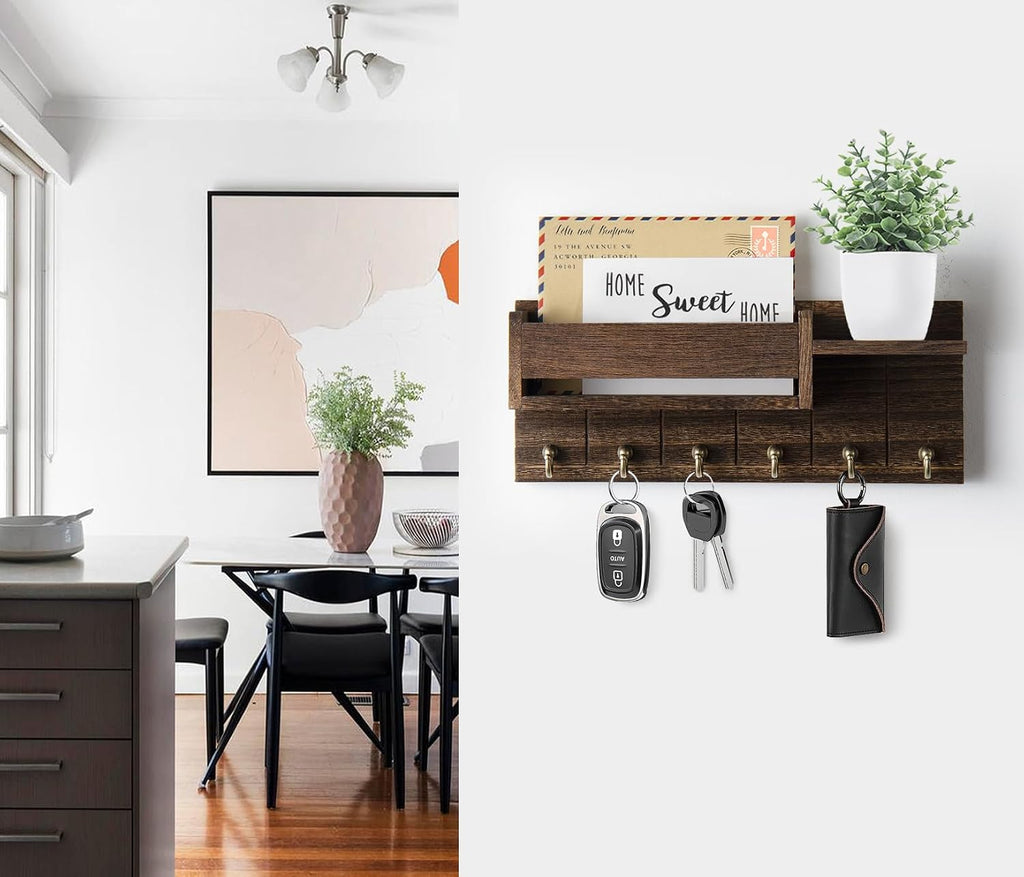 RelaxScene Key Holder Wall Mount - Decorative Key Rack and Mail Organizer with 6 Key Hooks - Wooden Key Hanger with Shelf for Living Room Decor - Rustic Farmhouse Home Entryway Aesthetic Essentials