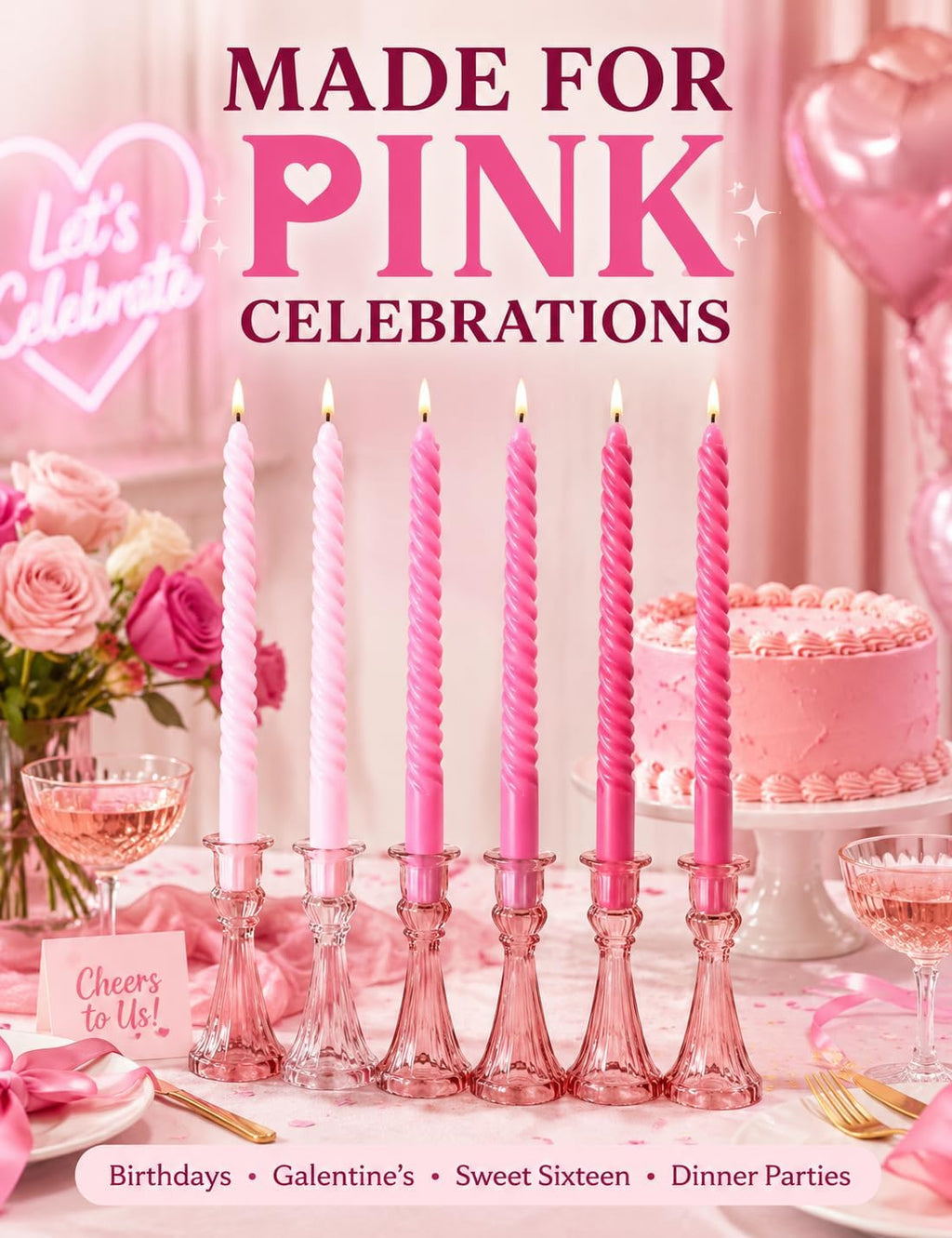 10 Inch Gradient Hot-Pink Spiral Taper Candle Set, 6 Pack Unscented Dripless Candlesticks for Wedding, Holiday Décor, and Festive Dinners