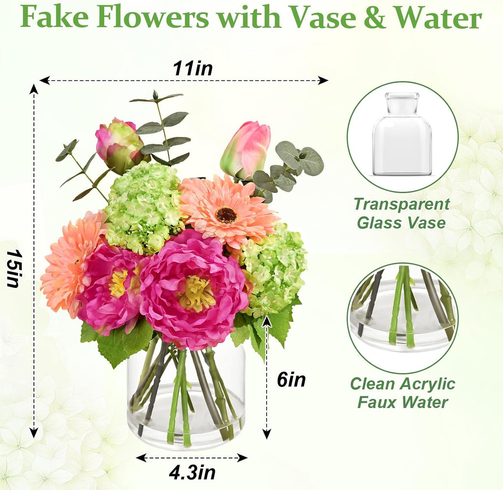 Livole Artificial Faux Flowers with Vase & Water Silk Fake Flowers, Fuchsia