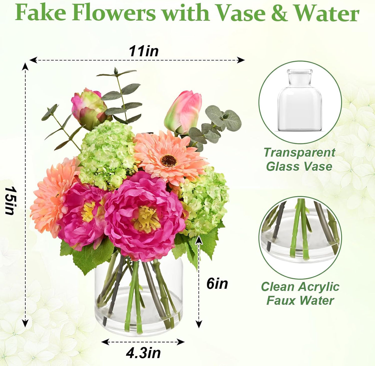 Livole Artificial Faux Flowers with Vase & Water Silk Fake Flowers, Fuchsia